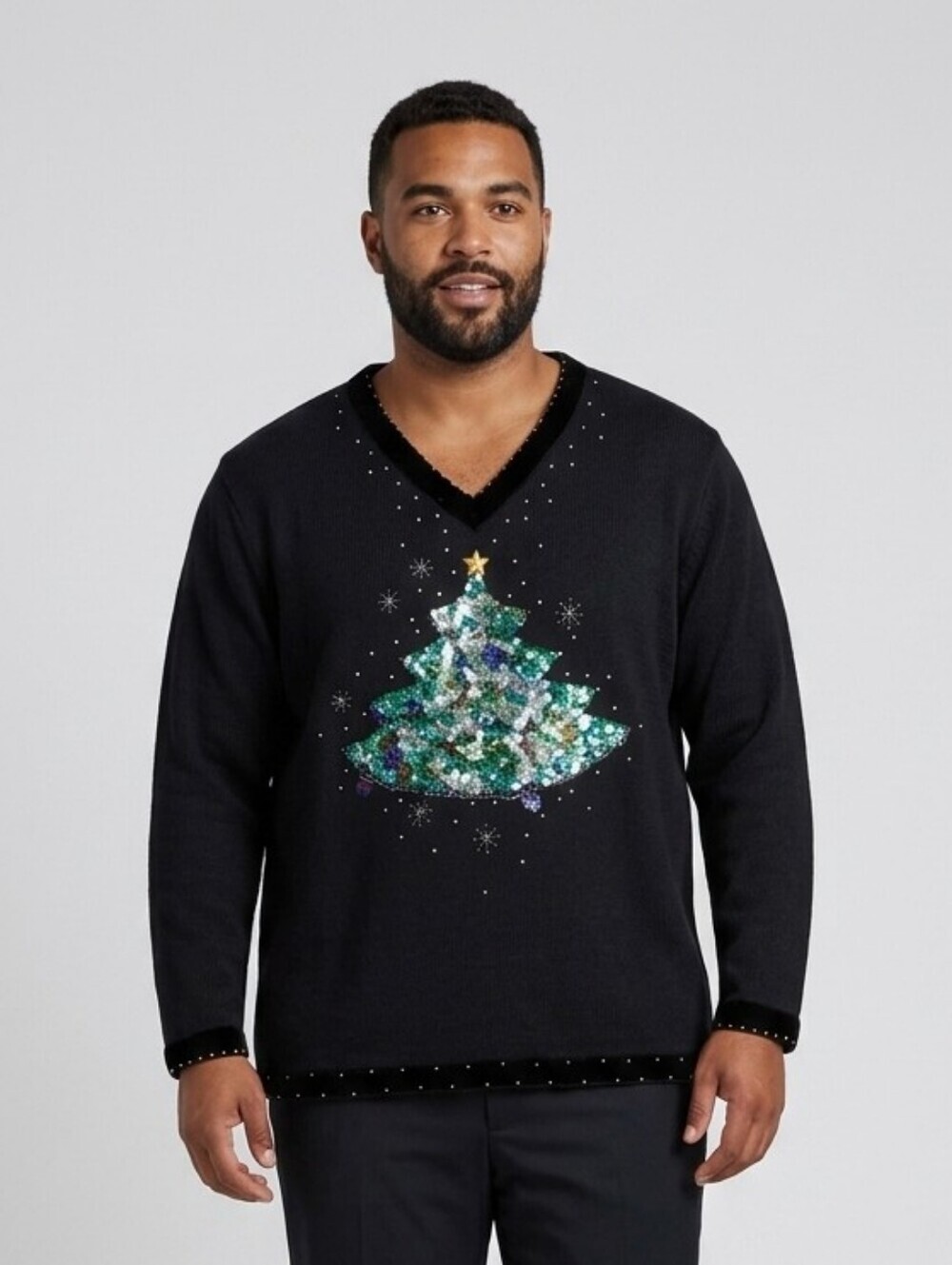 Quacker Factory Black V-Neck Sweater with Green Sequin Christmas Tree